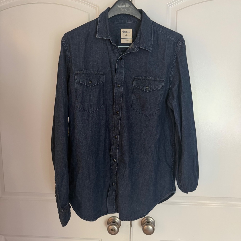 Gap 1969 Mens Slim Fit Denim Button Down Shirt Dark Wash Indigo Large L Long Slv